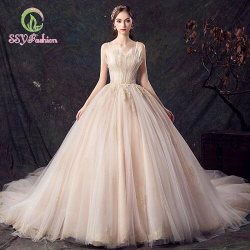 SSYfashion Detachable Strap Sleeveless Lace Up Back Floor-Length Ball Gown Train Champagne Wedding Dress Lace Bride Dress
