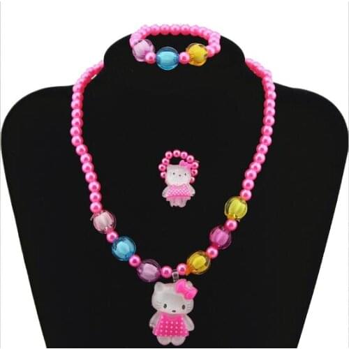 1Set=3pcs Imitation Pearl Beads kitty cat rose pink Necklace Bracelets rings Kids Children Jewelry Sets for kids Xmas party Gift