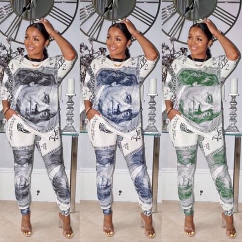 12CM764 Autumn Winter Women Casual Fashion Dollar Print Two Piece Set Top and Pants Tracksuit Sweatsuit Outfits