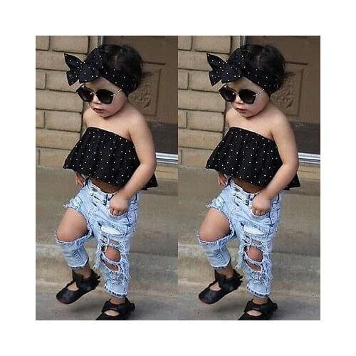 2021 Newborn Baby Girls Dot Wrapped Chest +Bog Hole Jeans Pants Outfits Clothing Set