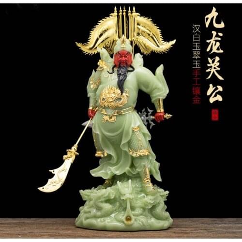 2021 Southeast Asia HOME Company high grade God of wealth statue GOOD LUCK 9 dragons GUAN GONG Mammon Buddha jade gilding statue
