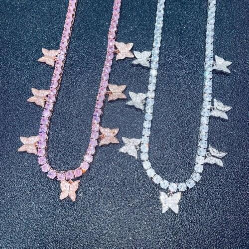 7PCS Butterflys Hang Tennis Chain Chokers Necklaces for Women Men 1 Row CZ Bling Iced Out Hip Hop Rapper Jewelry