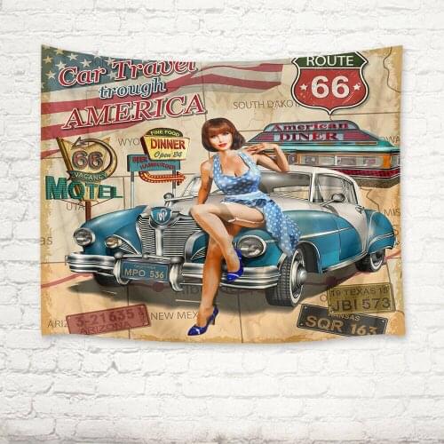 America Route 66 Car Beauty Girl Tapestry Wall Hanging for Living Room Bedroom
