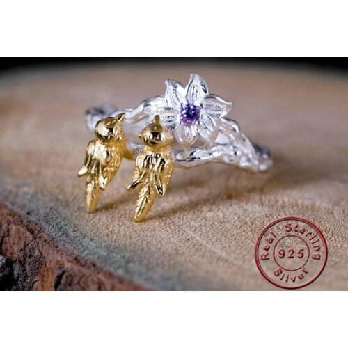 Amxiu Handmade Bird Flower Rings Two Tones Color Open Ring 100% 925 Sterling Ring Accessories For Women Girls Engagement Gifts