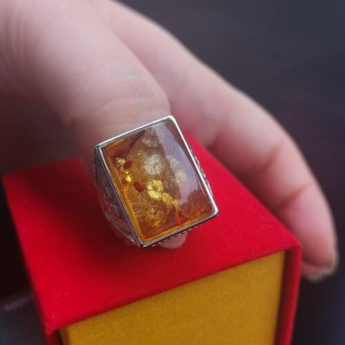 Bijoux argent 925 bague homme Natural Amber ring Precious Rare Unique Scenery Flower Amber Square s925 gemstone mens ring charm