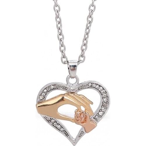 Mothers Day Mom Hold Kids Children Hand Love Heart Pendant Chain Necklace