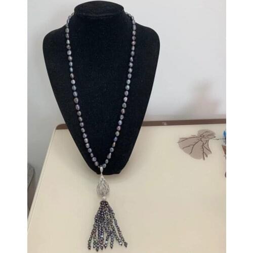 Hand knotted black purple white baroque freshwater pearl micro inlay zircon tassel long sweater chain necklace fashi