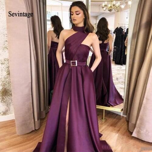 Sevintage Halter Long Evening Party Dresses with Sash Pockets Side Split Prom Dress Satin Formal Party Gowns robe de soiree