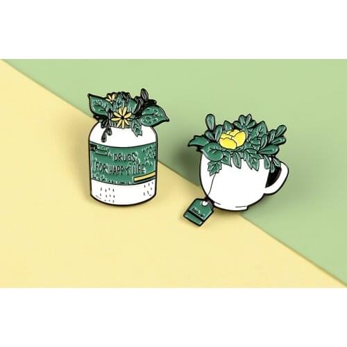 Green plant "medicine for a happy life" enamel cartoon brooch environmental label badge punk lapel jewelry friend gift