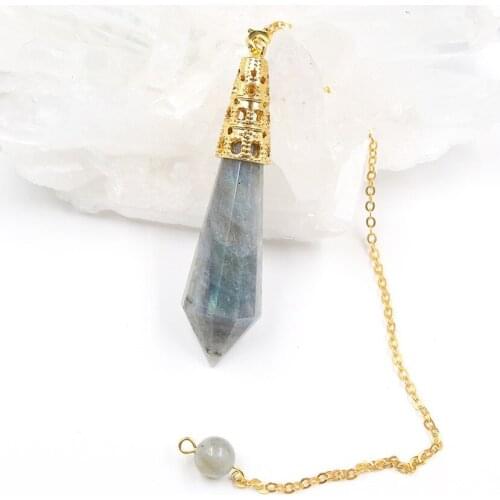 FYJS Unique Light Yellow Gold Color Hexagon Prism Section Labradorite Stone Vintage Pendant Link Chain Jewelry