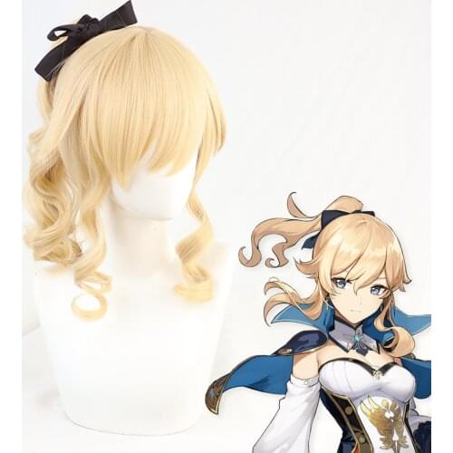 Genshin Impact Jean Chip Ponytail Golden Curly Heat Resistant Synthetic Hair Halloween Party Cosplay Role Play + Free Wig Cap