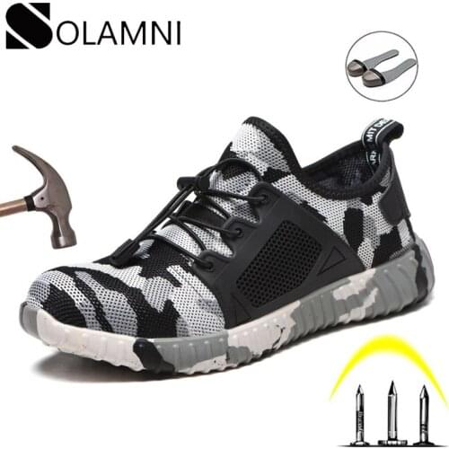 Camo Steel Toe Mens Work Shoes Safety Anti-Smashing Light Outdoor Work Boots Breathable Mesh Sneakers Unisex Construction Shoes