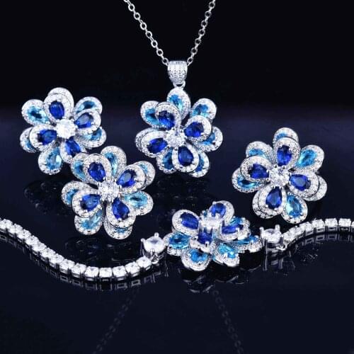 Hot Sale New Elegant Flower Jewelry 925 Silver Color Shiny Zircon Charm Pendant Necklace Earring Ring Jewelry Set Trend 2021 New