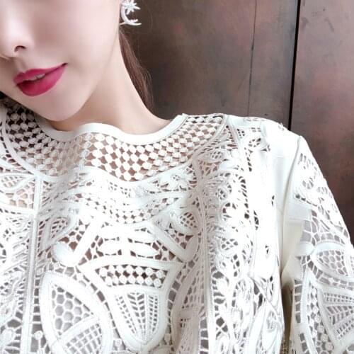 Fashion White Runway High Quality Designer 3/4 Sleeve Loose Style Hollow Out Casual Mini Party Holiday Dress