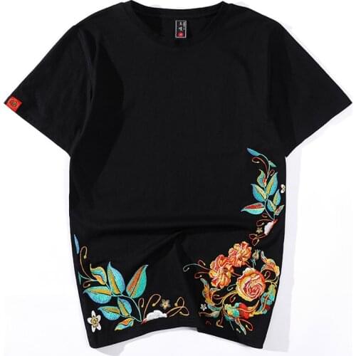 Brand 2021 Summer Tide Mens T-shirt Short Sleeve Round Neck Lotus Embroidery Pattern Cotton Shirt T-shirt Men Big Size M-4XL