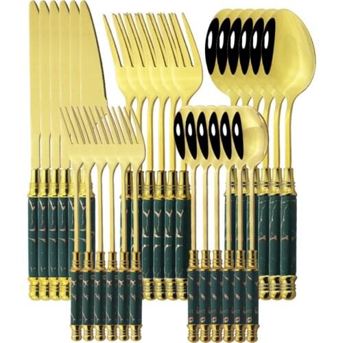 Green Gold Cutlery Set Vintage Ceramic Dinner 6/30Pcs Tableware Stainless Steel Dinnerware Knife Cake Fork Spoon Flatware Set