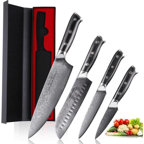 Mokithand 4pcs Japanese Kitchen Knife Sets Damascus Steel Chef knives 67 Layer Sharp VG10 Cleaver Cooking Knife with G10 Handle