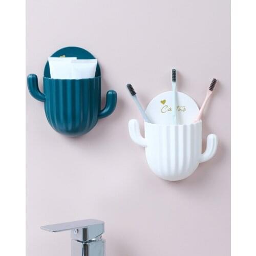 Wall Self-adhesive Cactus Storage Rack For Kitchen Bathroom Toothbrush Storage Wall-mounted Holder Bottom Hole Design Rack
