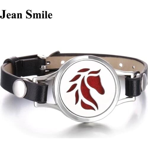 New Horse Aromatherapy Bracelet Essential Oil Diffuser Locket Bracelet Black Leather Bracelet Wristbands with 10pcs Pads