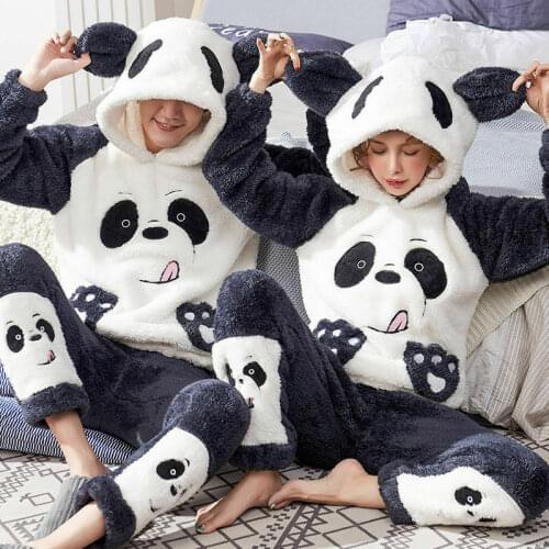 New Winter Warm Couple Pajamas Set Velvet Womens Mens Pajama Set Flannel Thickened Hoodie Animal Velvet Panda Sleepwear