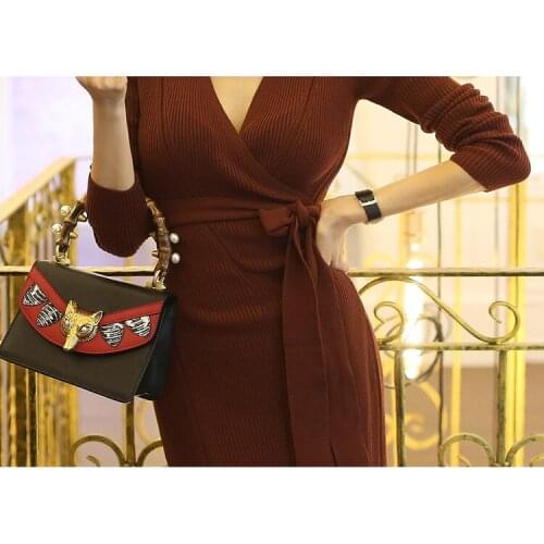 Autumn Korean Fashion Lace Up Knitted Dress V-neck Dress Slim Bodycon Side Split Long Sweater Dress