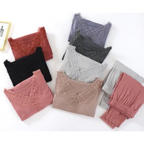 Pajamas lace autumn clothes long trousers female threaded modal suit sexy body slim thermal underwear thin women термо белье