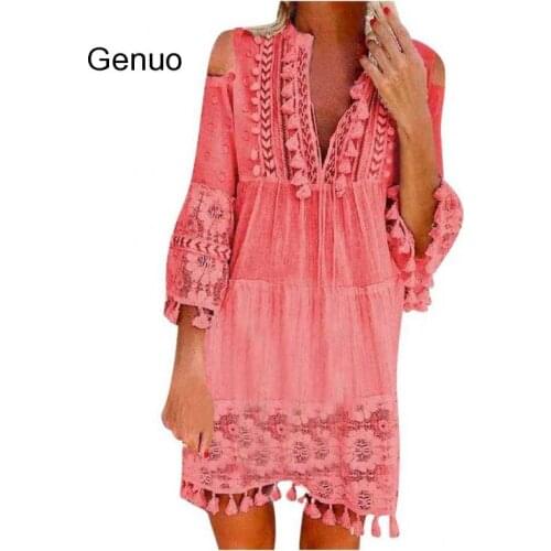 Casual Bohemian Large Size V-Neck Fashion Solid Color Lace Tassel Short Dress Cocktail Beach Evening Dress Robe Grande Taille