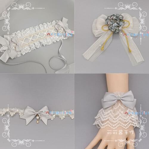 Hand made lolita hair band hand sleeve flower pill angel street small bow KC headband side clip light gray