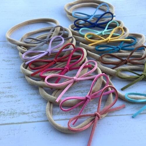 30pcs/lot Faux Leather Suede Bow Hair Band Tied Girl Hair Bows Soft Nylon Headband Newbron Hair Accessory