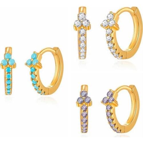 925 Sterling Silver Exquisite Flowers Hoop Earrings for Women Purple Blue Turquoise White Crystal Earrings Fashion Jewelry