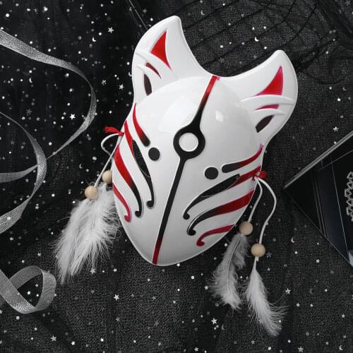 Japanese Fox Masks Cosplay Full Face Fox Mask with Feather Tassels Masquerade Party Show Halloween Masks Festival Ball Costume