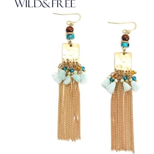 WILD & FREE Women Gold Tassel Drop Earrings Zinc Alloy Gold Square Blue Stone Wood Bead Tassel Dangle Earrings Jewelry