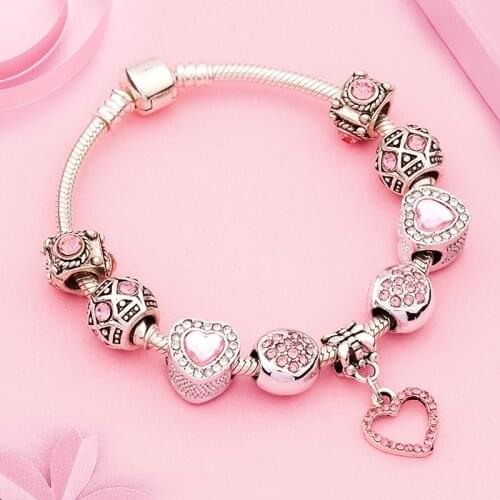 New Valentines Romantic Pink Heart Charm Bracelet & Bangle Fine Crystal Diy Bead Bracelet Jewelry for Women Girl Gift
