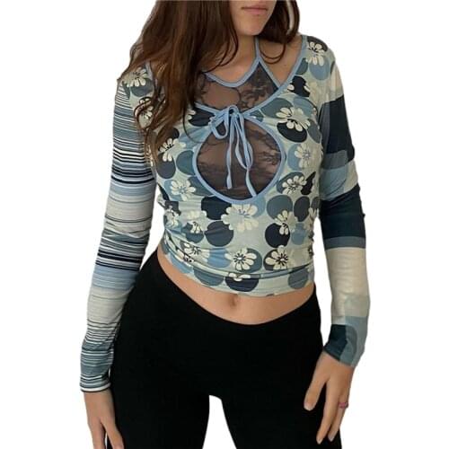 Women’s T-shirt and Vest Suit Fashion Print Tie-up Long Sleeve Tops and Perspective Lace Camisole Two-Piece Suit