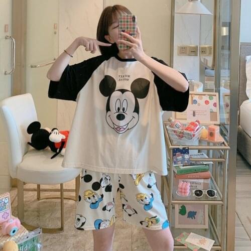 M-2XL Plus Size Disney Cartoon Mickey Mouse Pyjama Set Femme Short Sleeve Tops and Shorts Minnie Mouse Donald Duck Home Suit