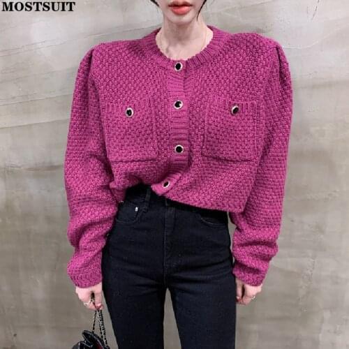 Vintage Chic Knitted Cardigan Coat Women Full Sleeve O-neck Pockets Sweater Solid Elegant Ladies Jumpers Tops Knitwear 2021