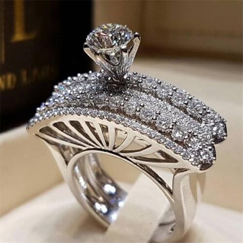 Bridal 2Pcs Cubic Zirconia Big Wedding/Engagement Rings For Women Silver Color Ring Crystal Christmas Jewelry Gift DropShip
