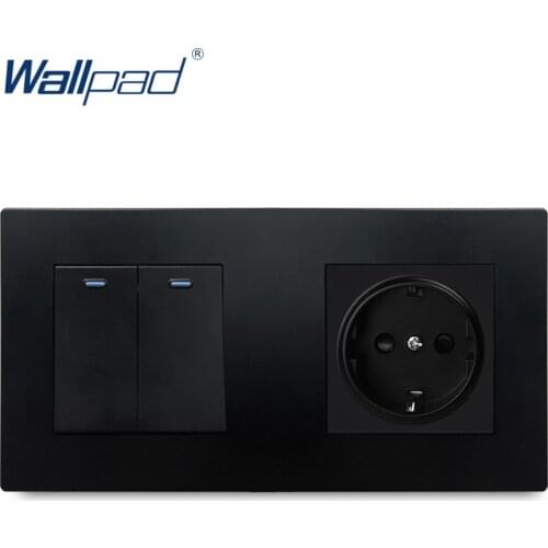 2 Gang 2 Way With EU German Socket Black Wallpad Luxury Wall Power Electrical Outlet Sockets PC Panel