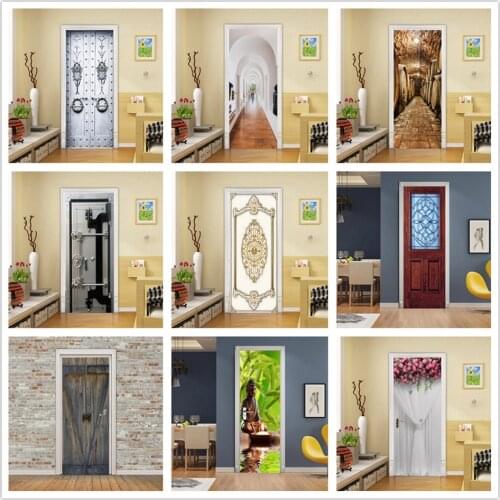 2pcs/Set Door Sticker For Living Room Bedroom Decoration Adhesive DIY Wallpaper Poster 3D Visual Home Decor Mural PVC Wall Decal