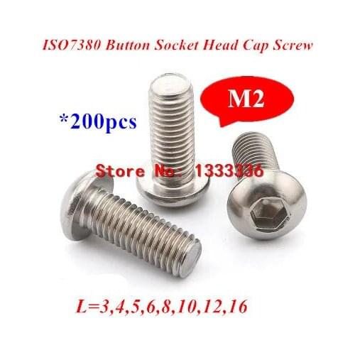 200pcs ISO7380 M2 Stainless Steel 304 A2 Round Head Screws Hexagon Socket Button Head Cap Screw Bolts M2*4/5/6/8/10/12/16/20mm