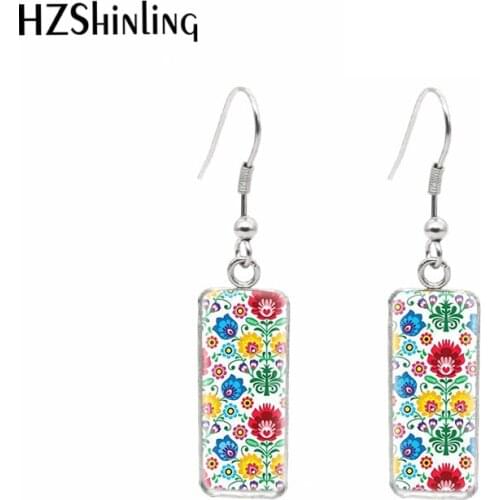 2019 New Arrival Polish Folk Flower Stainless Steel Square French Hook Earring Dangle Sweet Summer Accessory Jewelry