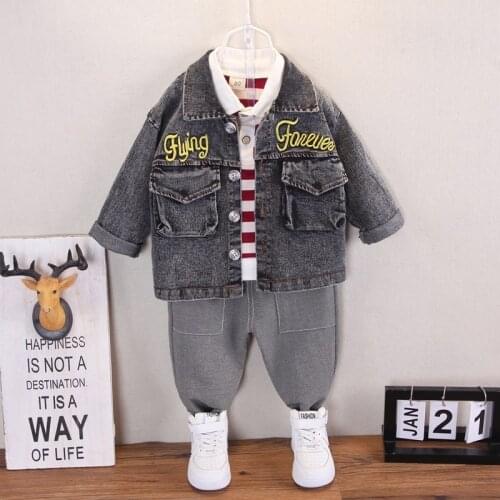 2021 Fashion Autumn Baby Boys Clothes Set Children Cool Letter Denim Coat+Striped Shirt +Pants New Toddler Clothes 0-5 Year Old
