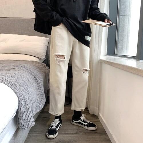 2021 Mens Fashion Trend Haren Pants Holes Baggy Homme Wash Jeans Black Color Casual Pants Loose Leisure Blue Trousers S-XL