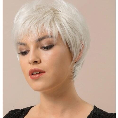 4X Silver Human Hair Short Straight Wig with Hairpin Steel Comb for Women