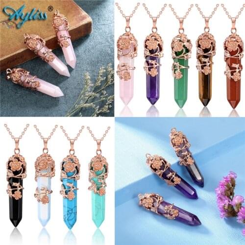 Ayliss Dropship Hexagonal Healing Pendulum Natural Gem Stones Antique Flower Copper Wired Wrapped Crystal Reiki Pendant Necklace