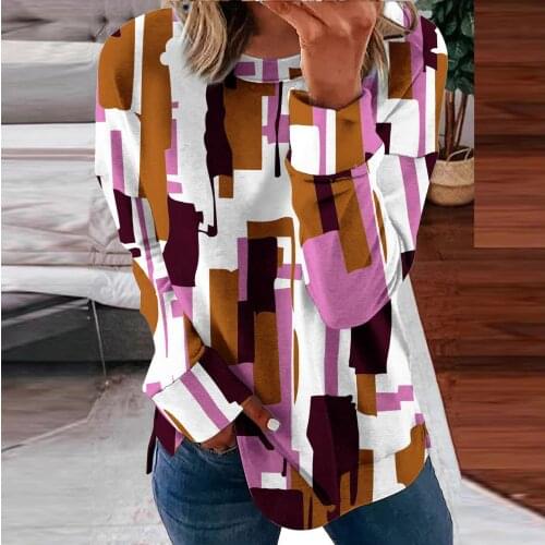 40# Geometry Stitching Print Blouses Womans Long Sleeve O-neck Blouse Tops Vintage Loose Casual Blouses Shirt Блузка Женская