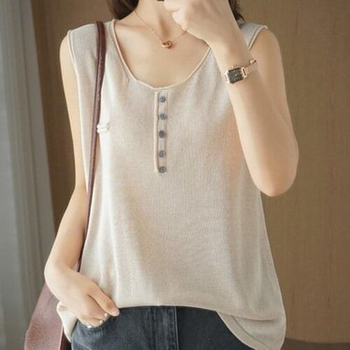Blusas 2021 Summer Tops Women Knitted Top Solid Vest V-neck Sexy Clothes Korean Fashion Sexy Cotton Short Tank Women Shirt 14644
