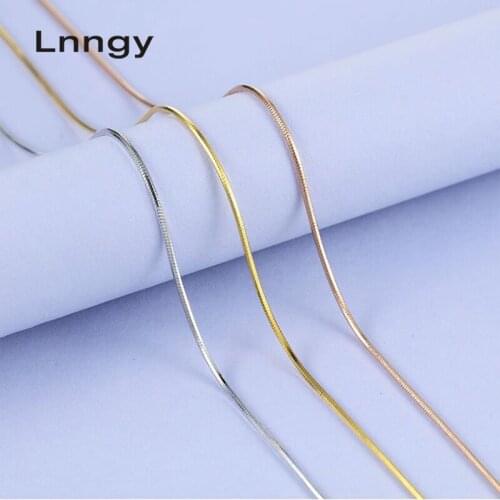 Lnngy Pure 18K Solid Rose/ Yellow/ White Gold Women Necklace For Engagement Luxury Gift 1mm Width Gold 18'' 16'' Snake Chain