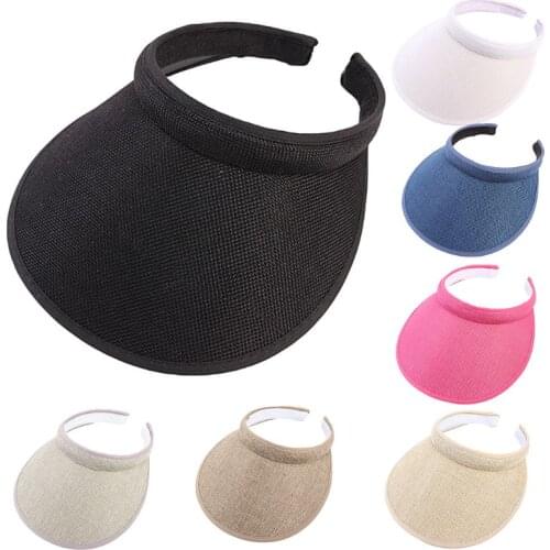 Women Men Unisex Clip-On UV Protection Sun Visor Hat Faux Linen Plaid Weave Empty Open Top Solid Color Wide Brim Adjustable Beac