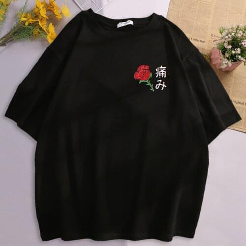 Japanese Aesthetic Rose Simple Print Mens T shirts Summer Short Sleeve Tops 2020 Fashion Oversized Harajuku Loose O Neck T-shirt